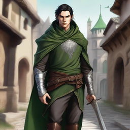 A detailed fantasy illustration of a male ranger elf in a medieval setting