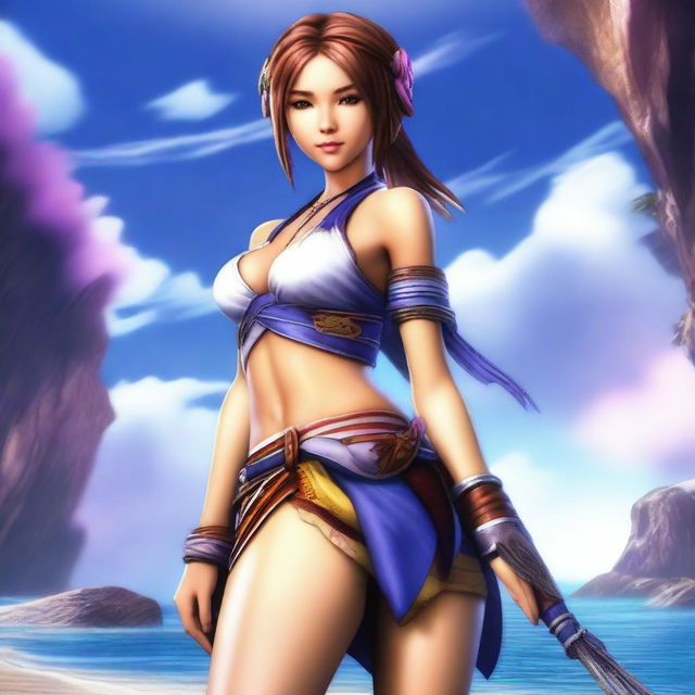 Create an image of Yuna from Final Fantasy X in a sexy pose