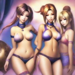 Create an image of Yuna, Rikku, and Lulu from Final Fantasy X wearing sexy lingerie