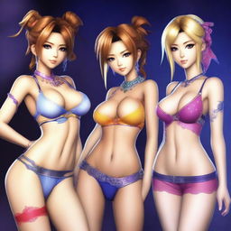 Create an image of Yuna, Rikku, and Lulu from Final Fantasy X wearing sexy lingerie