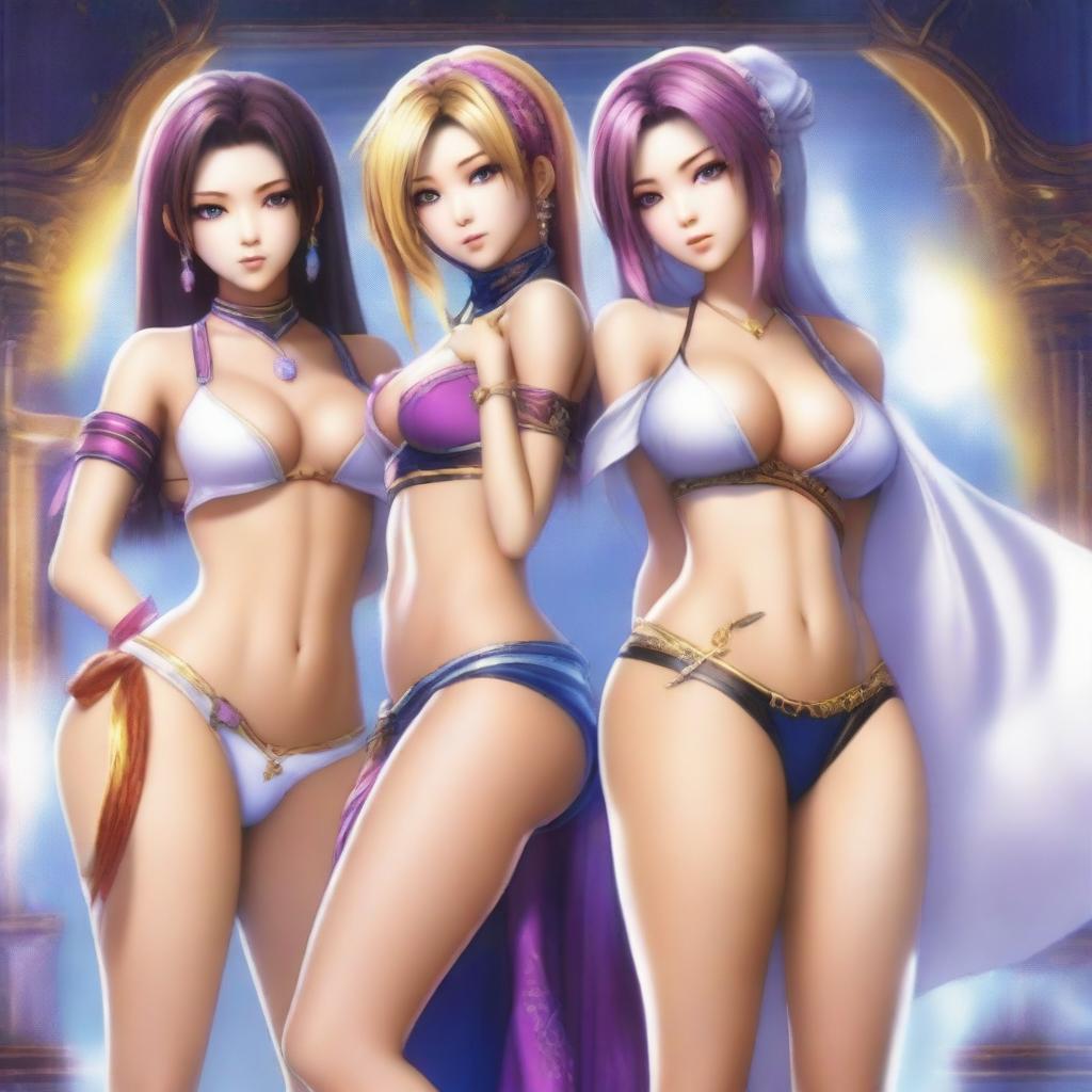 Create an image of Yuna, Rikku, and Lulu from Final Fantasy X wearing sexy lingerie