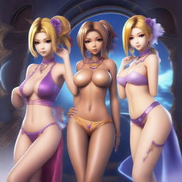 Create an image of Yuna, Rikku, and Lulu from Final Fantasy X wearing sexy lingerie