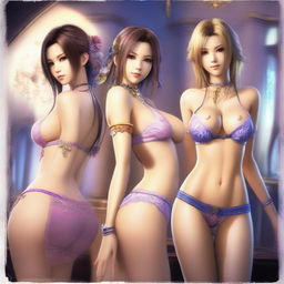 Create an image of the female characters from Final Fantasy X wearing sexy lingerie