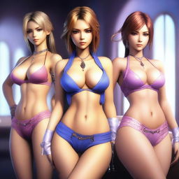 Create an image of the female characters from Final Fantasy X wearing sexy lingerie