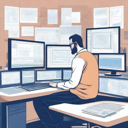 A detailed illustration of a systems engineer working at a computer desk