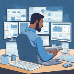 A detailed illustration of a systems engineer working at a computer desk