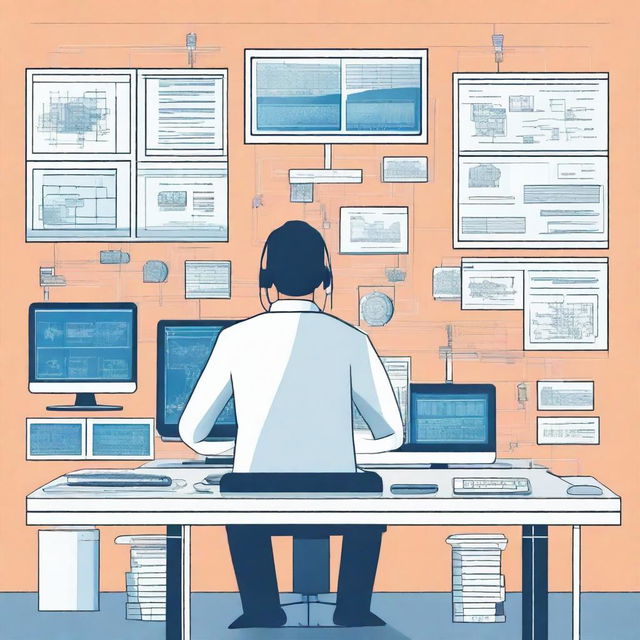 A detailed illustration of a systems engineer working at a computer desk