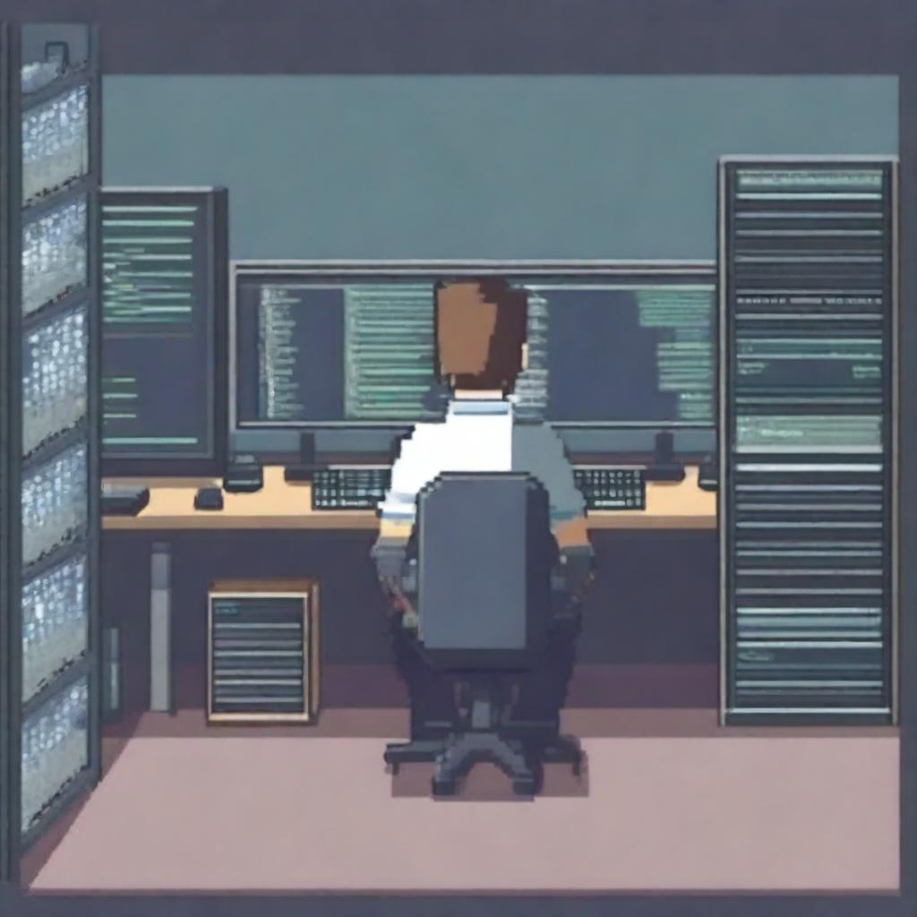 Create a detailed pixel art image of a systems engineer working on multiple computer screens, surrounded by servers and network equipment