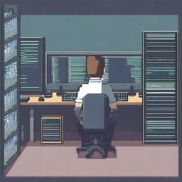 Create a detailed pixel art image of a systems engineer working on multiple computer screens, surrounded by servers and network equipment