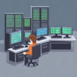 Create a detailed pixel art image of a systems engineer working on multiple computer screens, surrounded by servers and network equipment