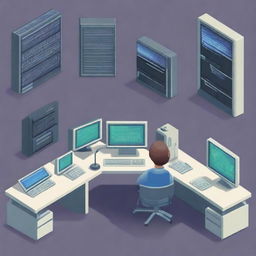 Create a detailed pixel art image of a systems engineer working on multiple computer screens, surrounded by servers and network equipment