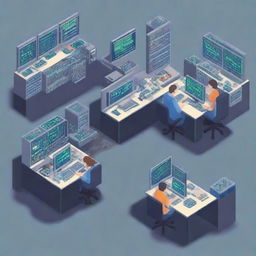 Create a detailed pixel art image of a systems engineer working on multiple computer screens, surrounded by servers and network equipment