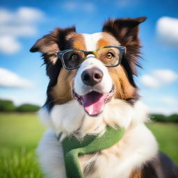 A very handsome border sheepdog wearing glasses, standing proudly with a charming expression