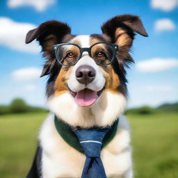 A very handsome border sheepdog wearing glasses, standing proudly with a charming expression