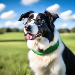 A very handsome border sheepdog wearing glasses, standing proudly with a charming expression