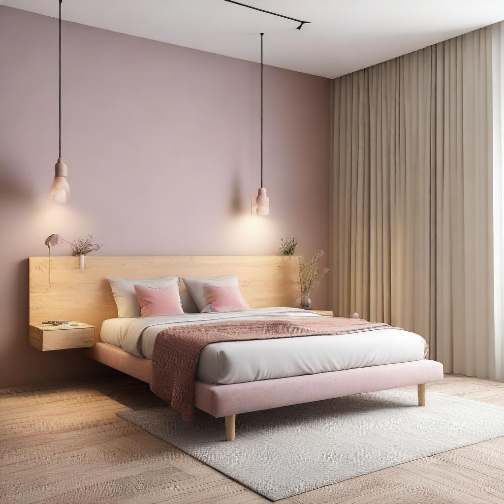 Diseñar un dormitorio acogedor y moderno con una cama cómoda, muebles elegantes y una iluminación suave