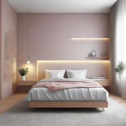 Diseñar un dormitorio acogedor y moderno con una cama cómoda, muebles elegantes y una iluminación suave