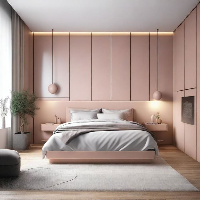 Diseñar un dormitorio acogedor y moderno con una cama cómoda, muebles elegantes y una iluminación suave