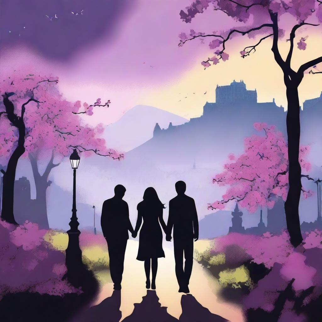 Generate a romantic and illustrative style image of a couple walking hand in hand along a winding path surrounded by blooming orchids, under the twilight sky of Edinburgh