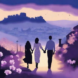 Generate a romantic and illustrative style image of a couple walking hand in hand along a winding path surrounded by blooming orchids, under the twilight sky of Edinburgh