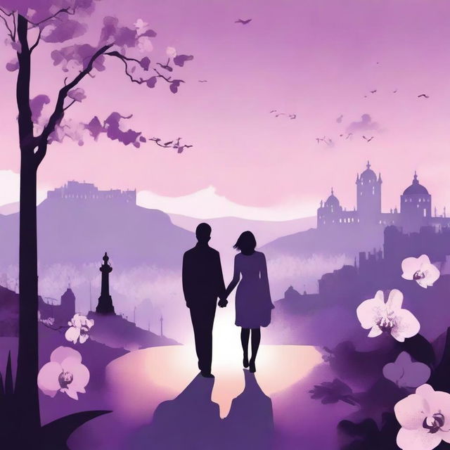 Generate a romantic and illustrative style image of a couple walking hand in hand along a winding path surrounded by blooming orchids, under the twilight sky of Edinburgh