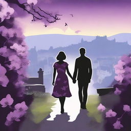 Generate a romantic and illustrative style image of a couple walking hand in hand along a winding path surrounded by blooming orchids, under the twilight sky of Edinburgh