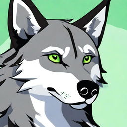 A cartoon wolf head with pointed ears on alert and round eyes that deeply show wisdom