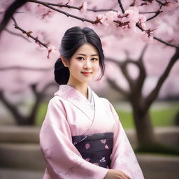 A beautiful Japanese girl with traditional clothing, standing in a serene garden with cherry blossom trees in full bloom