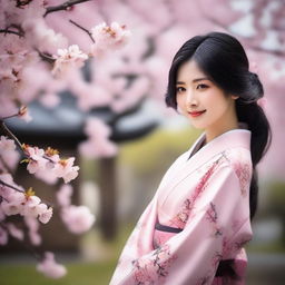 A beautiful Japanese girl with traditional clothing, standing in a serene garden with cherry blossom trees in full bloom