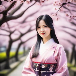 A beautiful Japanese girl with traditional clothing, standing in a serene garden with cherry blossom trees in full bloom