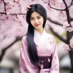 A beautiful Japanese girl with traditional clothing, standing in a serene garden with cherry blossom trees in full bloom