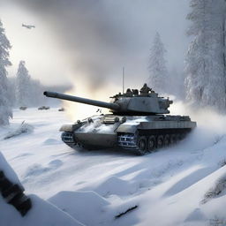 A battle scene featuring a tank firing at Russian T14 tanks in a snowy landscape