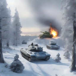 A battle scene featuring a tank firing at Russian T14 tanks in a snowy landscape