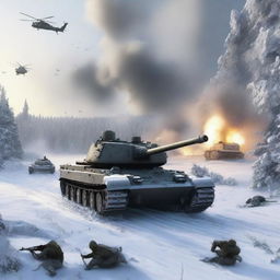 A battle scene featuring a tank firing at Russian T14 tanks in a snowy landscape