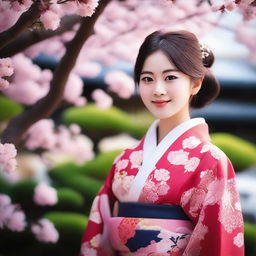 A cute Japanese girl with big, expressive eyes and a cheerful smile, wearing a traditional kimono with intricate patterns