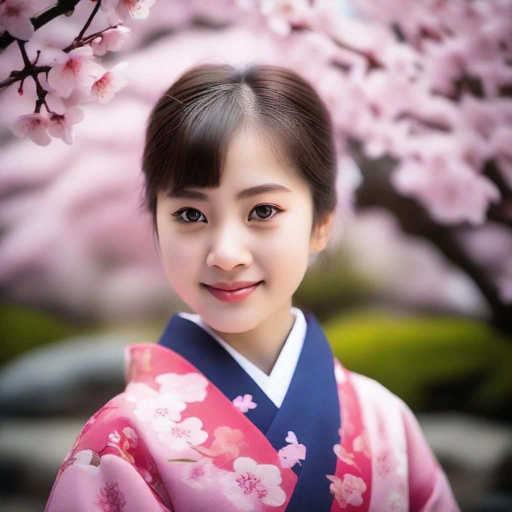 A cute Japanese girl with big, expressive eyes and a cheerful smile, wearing a traditional kimono with intricate patterns