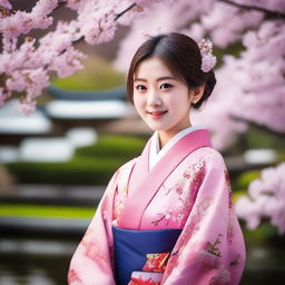 A cute Japanese girl with big, expressive eyes and a cheerful smile, wearing a traditional kimono with intricate patterns