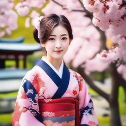 A cute Japanese girl with big, expressive eyes and a cheerful smile, wearing a traditional kimono with intricate patterns