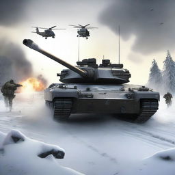 A dynamic scene featuring an M1 Abrams tank firing in the snow