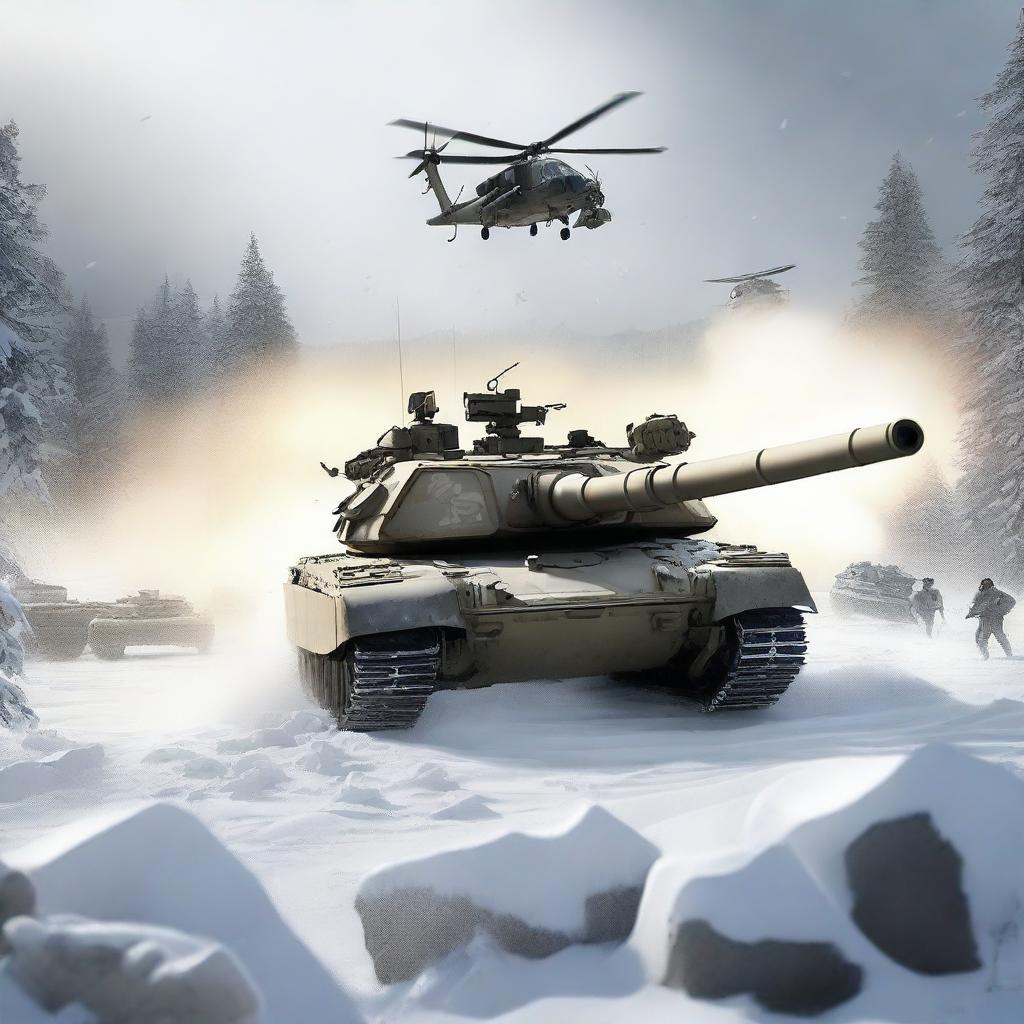 A dynamic scene featuring an M1 Abrams tank firing in the snow