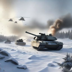 A dynamic scene featuring an M1 Abrams tank firing in the snow