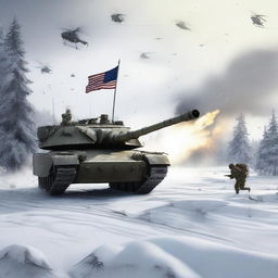 A dynamic scene featuring an M1 Abrams tank firing in the snow