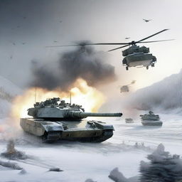 A dynamic scene featuring an M1 Abrams tank firing in the snow