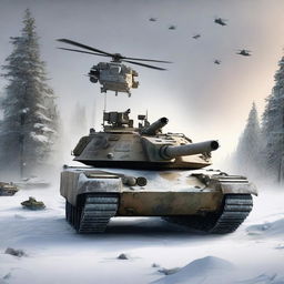 A dynamic scene featuring an M1 Abrams tank firing in the snow