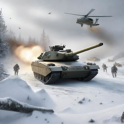 A dynamic scene featuring an M1 Abrams tank firing in the snow