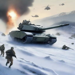 A dynamic scene featuring an M1 tank firing in the snow