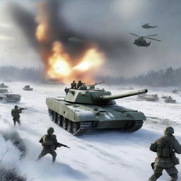 A dynamic scene featuring an M1 tank firing in the snow