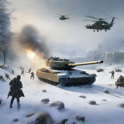 A dynamic scene featuring an M1 tank firing in the snow