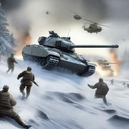 A dynamic scene featuring an M1 tank firing in the snow