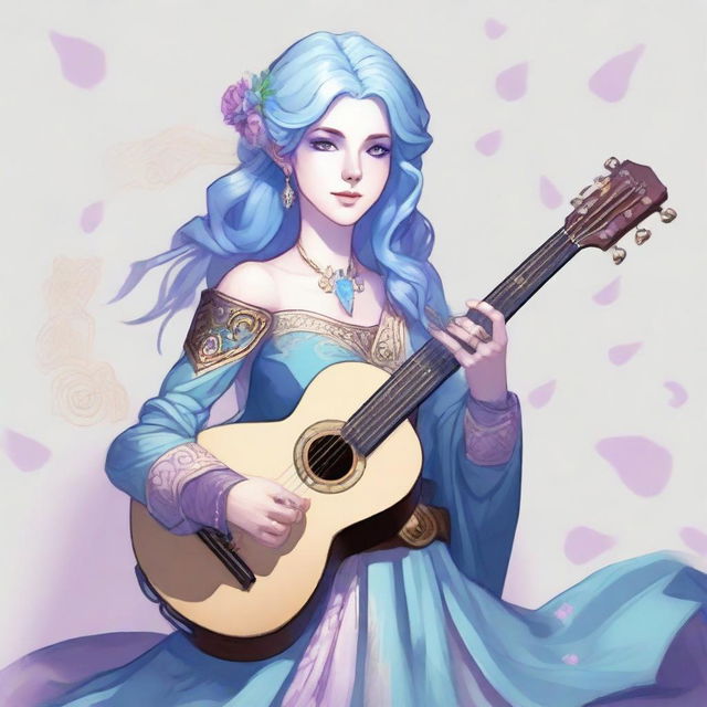 A detailed illustration of an air genasi female bard